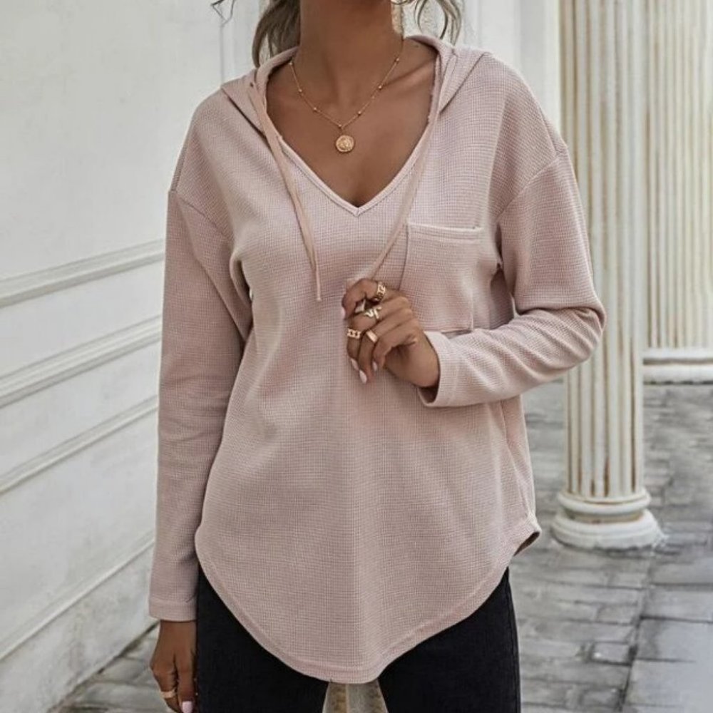 Comfy Curved Hem Drop Shoulder Drawstring Hoodie Top light apricot blush - Picture 5 of 8